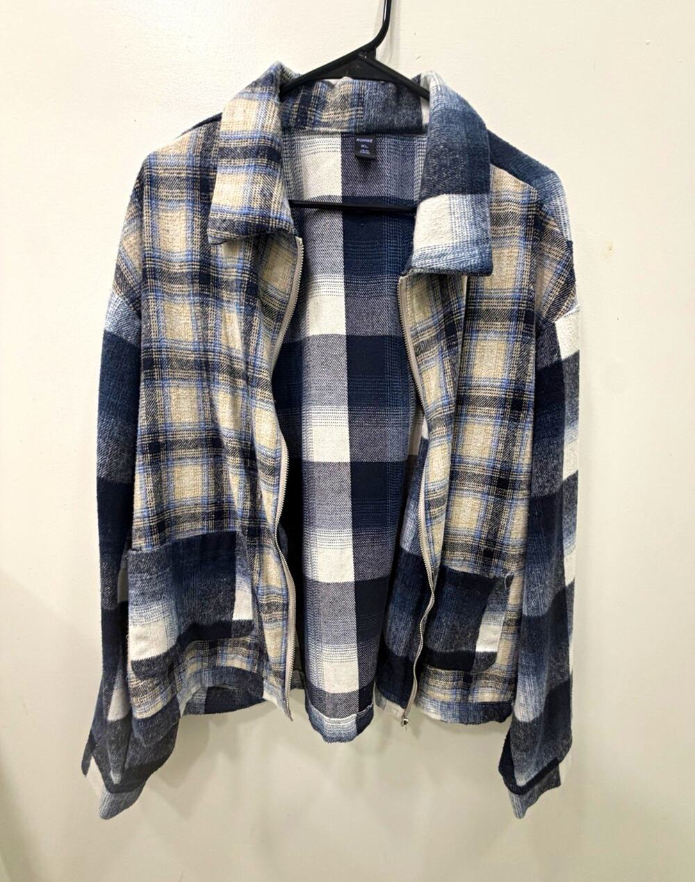 ROMWE Women's Blue/White/Beige Plaid Flannel Full Zip Jacket Pockets XL